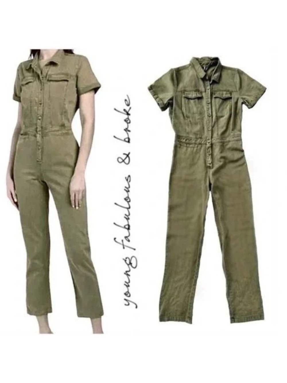 YOUNG, FABULOUS & BROKE Olive Green Short Sleeve Jumpsuit, Size Small.